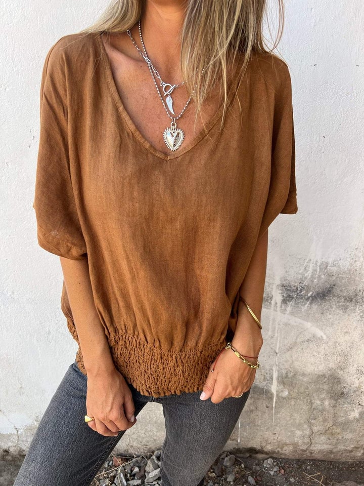 V-Neck Cotton-Linen Smocked Hem Tops (Buy 2 Free Shipping)