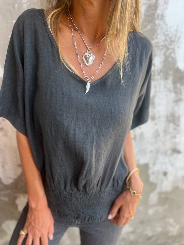 V-Neck Cotton-Linen Smocked Hem Tops (Buy 2 Free Shipping)