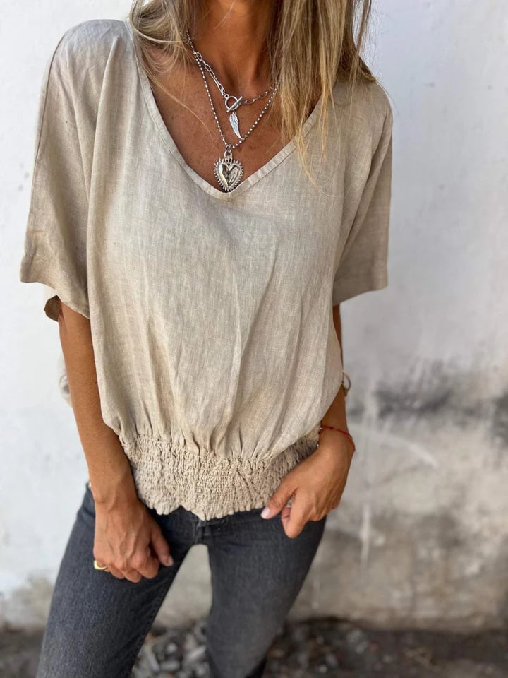 V-Neck Cotton-Linen Smocked Hem Tops (Buy 2 Free Shipping)