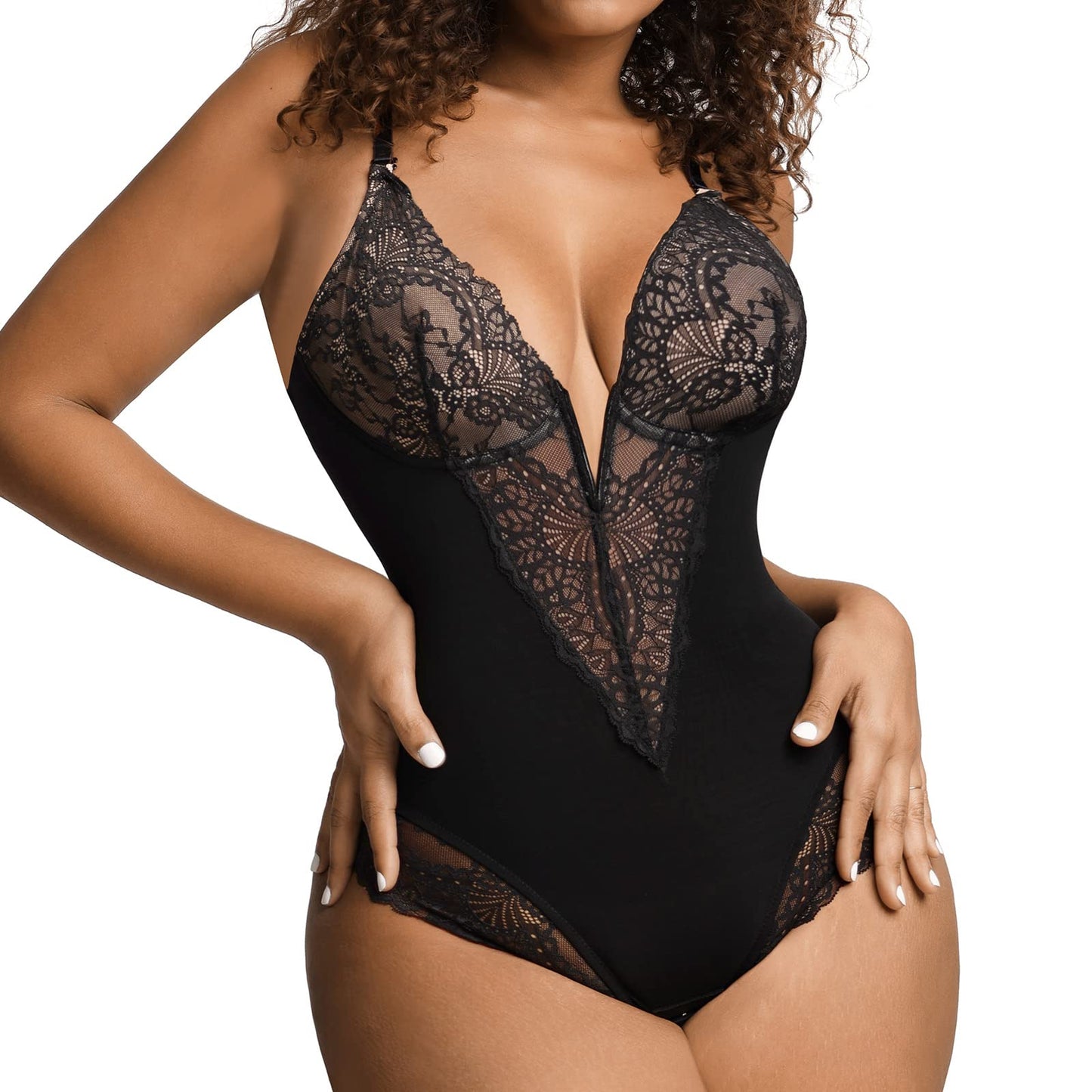 Deep-V Neck Lace Thong Bodysuit - Buy two and get free shipping!