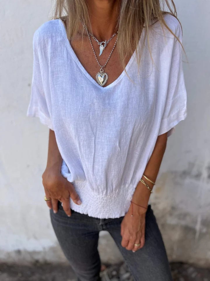 V-Neck Cotton-Linen Smocked Hem Tops (Buy 2 Free Shipping)