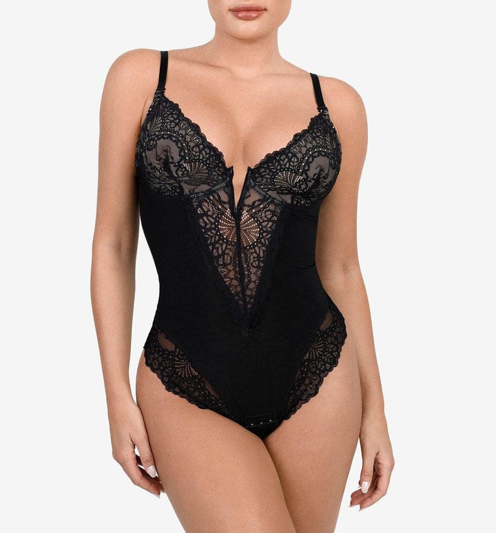 Deep-V Neck Lace Thong Bodysuit - Buy two and get free shipping!