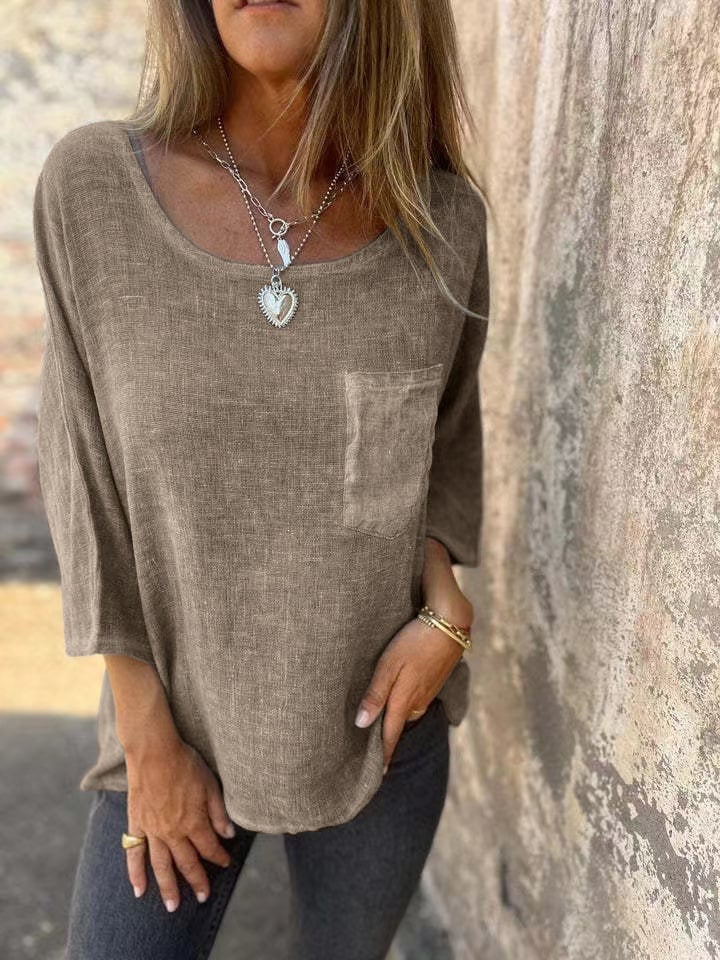 Round Neck Pocket Casual Cotton and Linen T-shirt (Buy 2 Free Shipping)