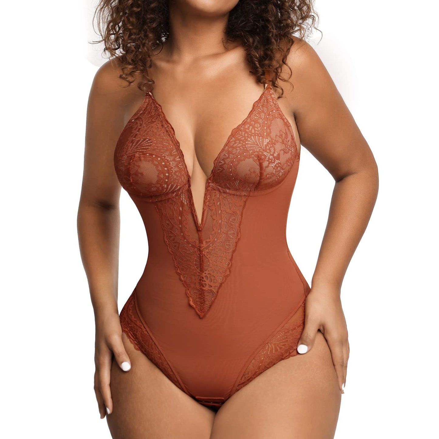 Deep-V Neck Lace Thong Bodysuit - Buy two and get free shipping!