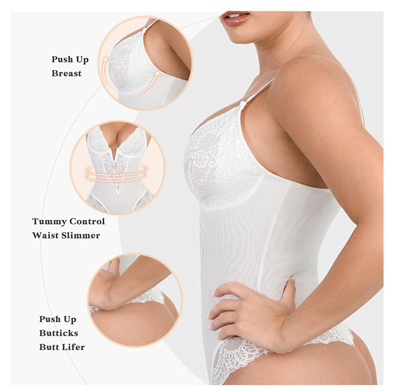 Deep-V Neck Lace Thong Bodysuit - Buy two and get free shipping!