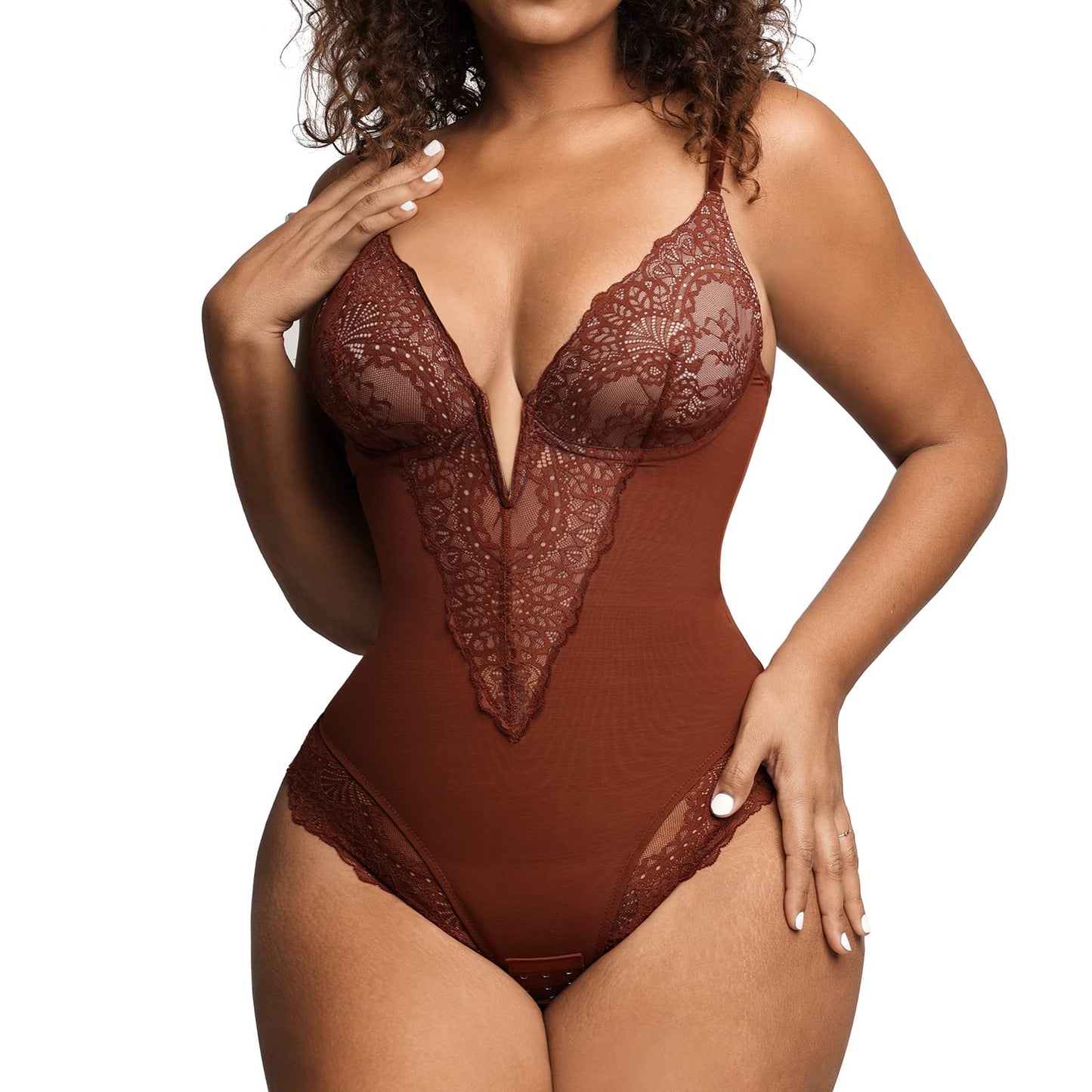 Deep-V Neck Lace Thong Bodysuit - Buy two and get free shipping!