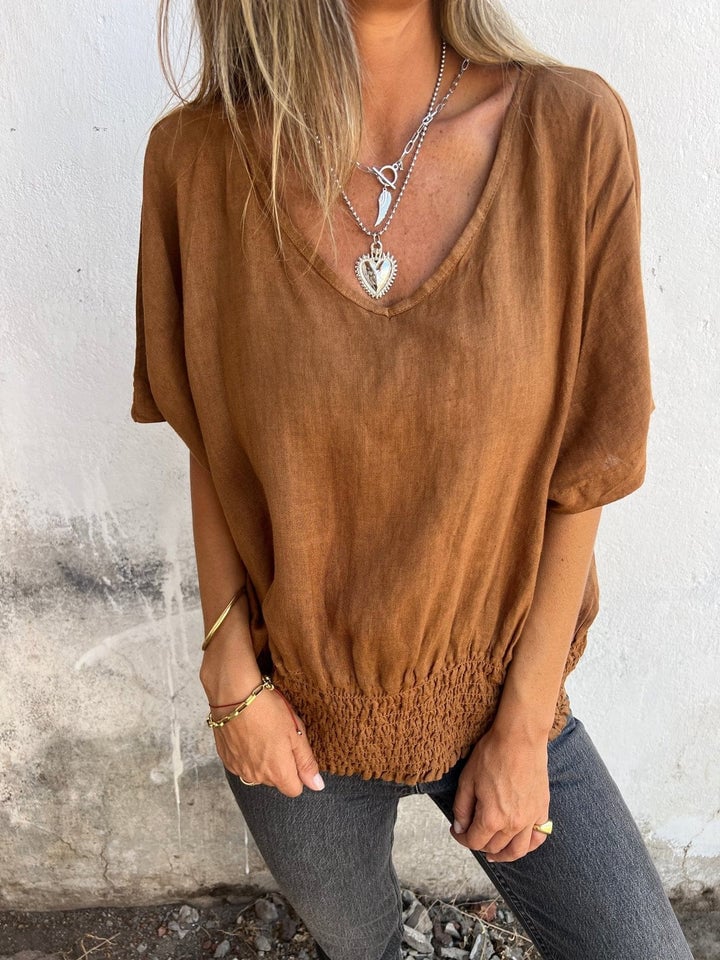 V-Neck Cotton-Linen Smocked Hem Tops (Buy 2 Free Shipping)