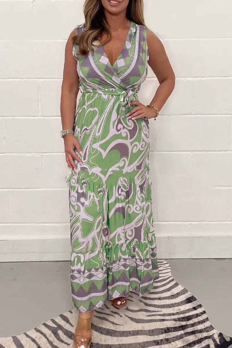 👗V-Neck Printed Maxi Dress