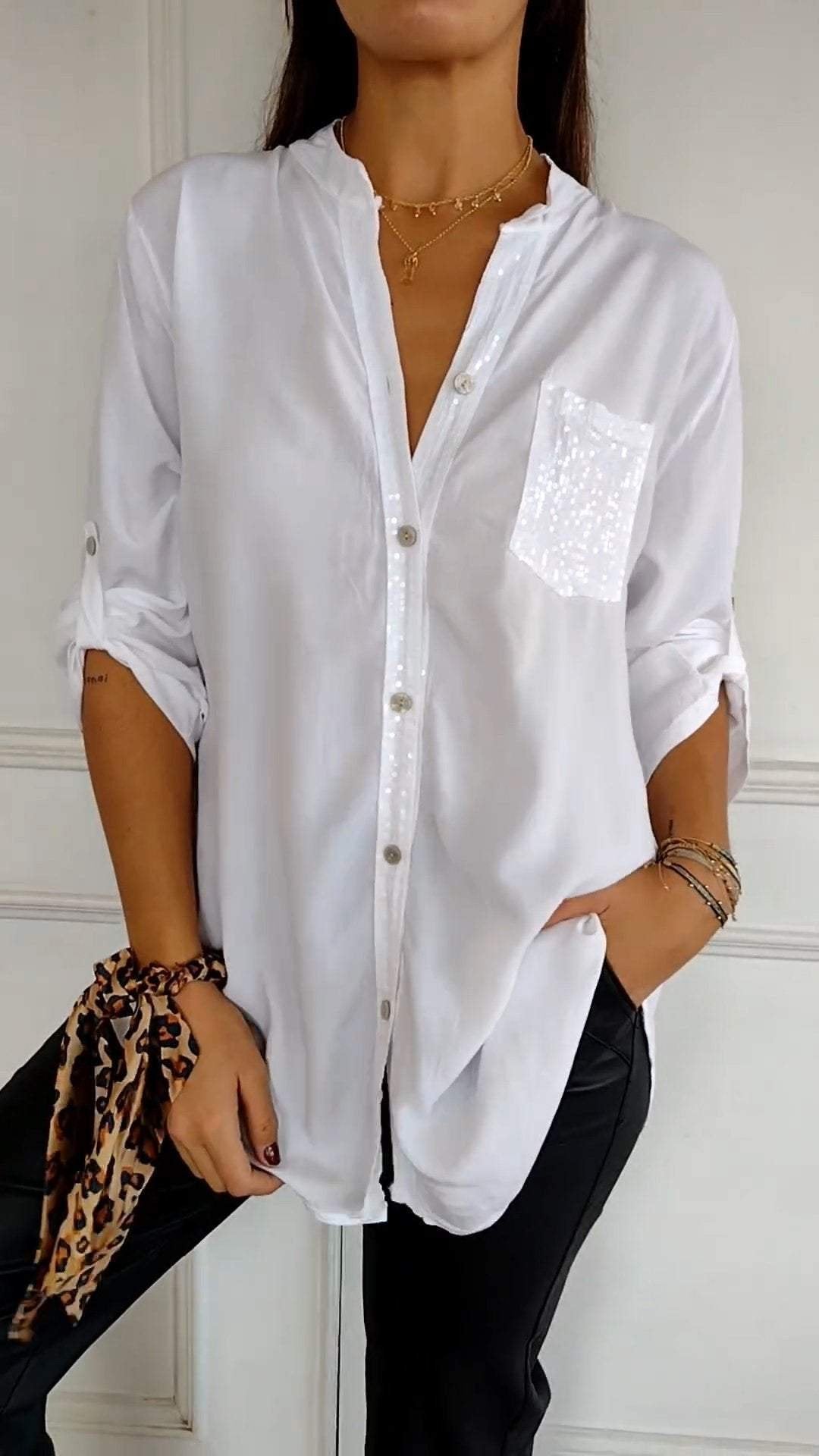 Polyester V-neck Sequin Mid-sleeve Casual Top
