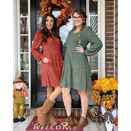 🍂2026 New Style⏰Women's Square Neck Lantern Sleeve Ribbed Dress