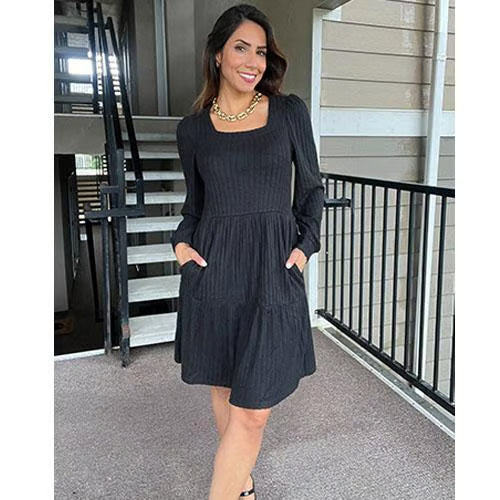 🍂2026 New Style⏰Women's Square Neck Lantern Sleeve Ribbed Dress