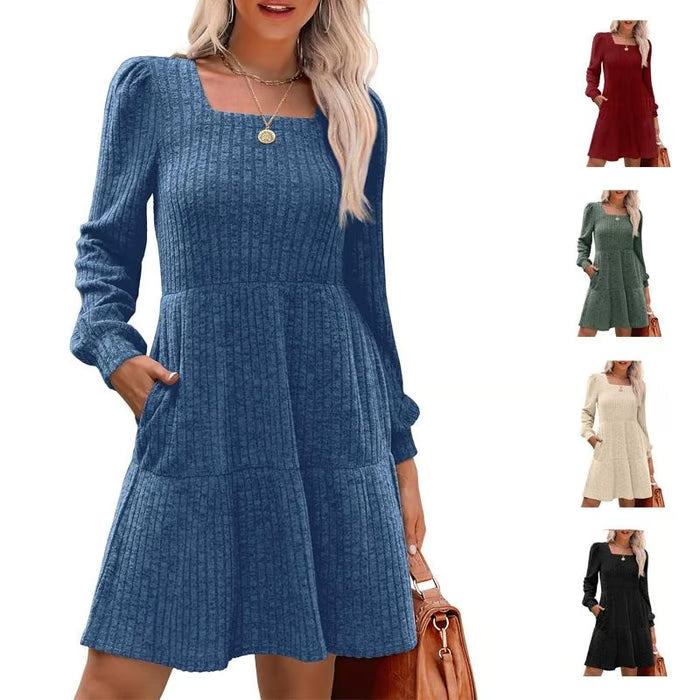 🍂2026 New Style⏰Women's Square Neck Lantern Sleeve Ribbed Dress