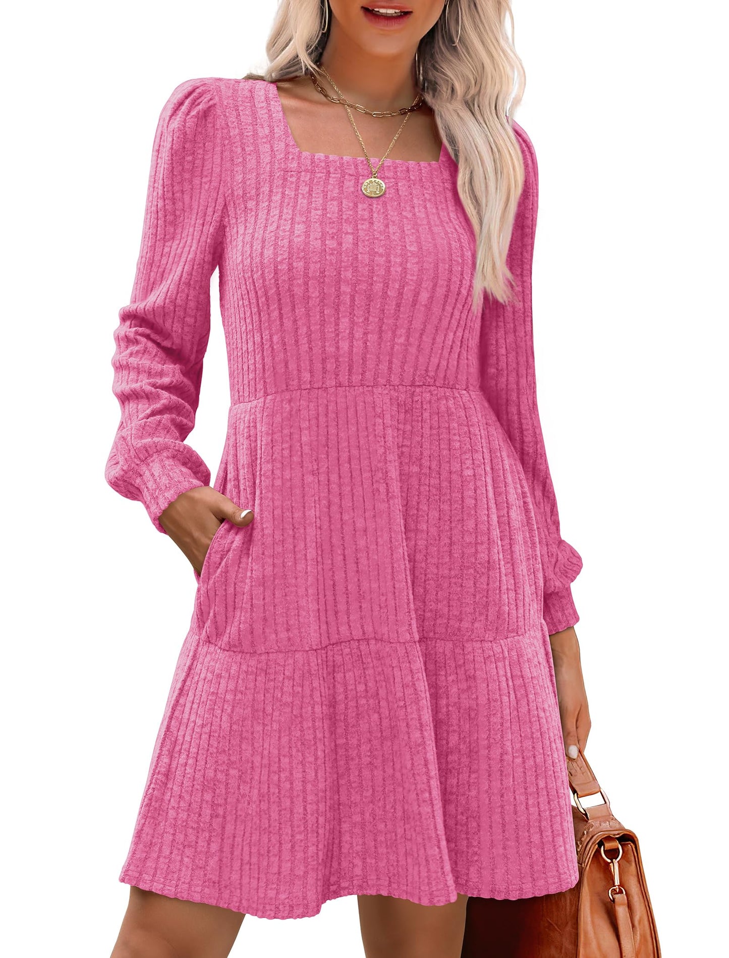 🍂2026 New Style⏰Women's Square Neck Lantern Sleeve Ribbed Dress