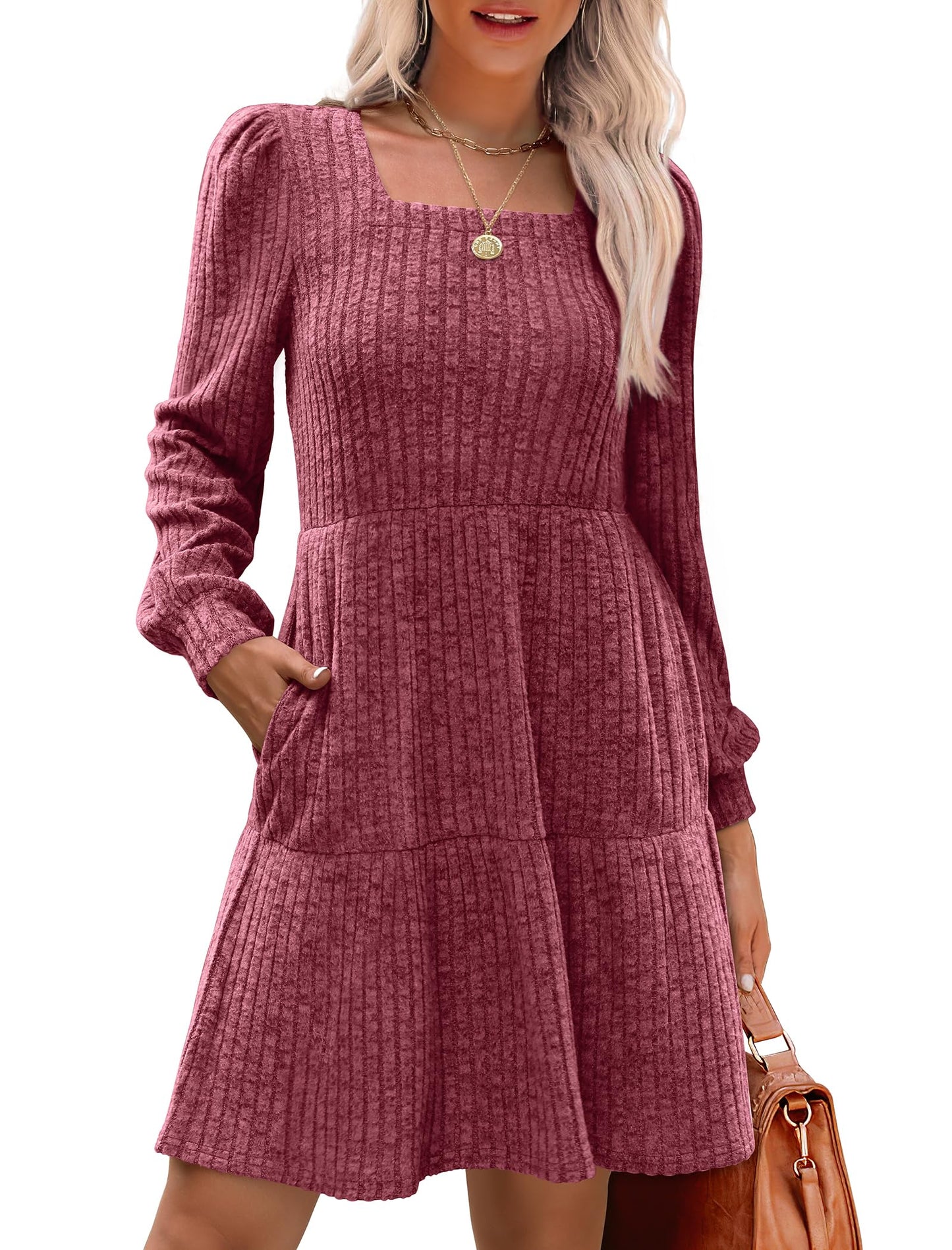 🍂2026 New Style⏰Women's Square Neck Lantern Sleeve Ribbed Dress