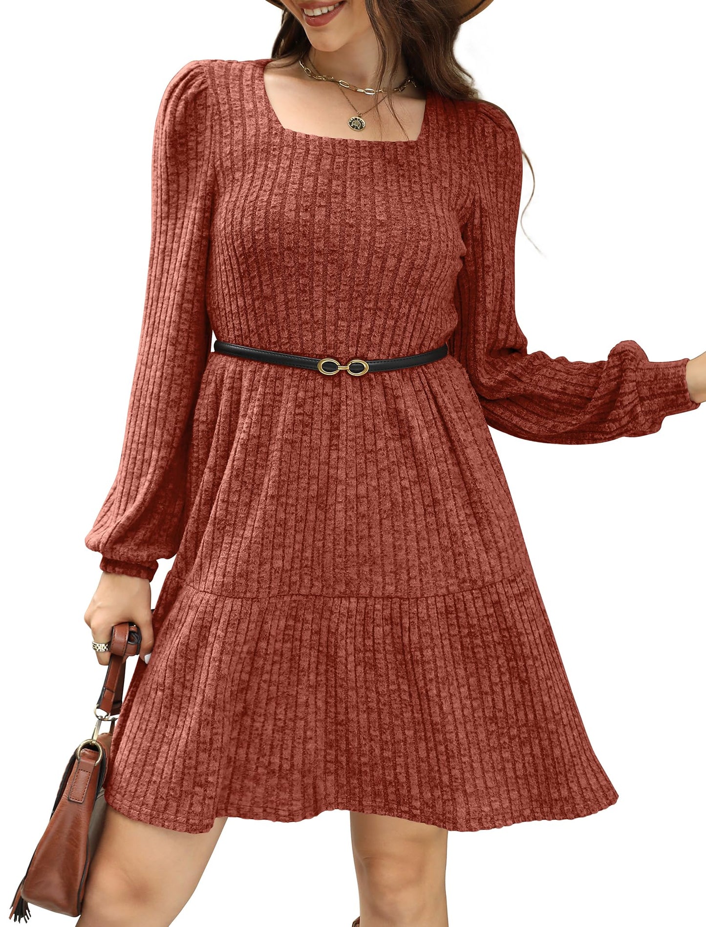🍂2026 New Style⏰Women's Square Neck Lantern Sleeve Ribbed Dress