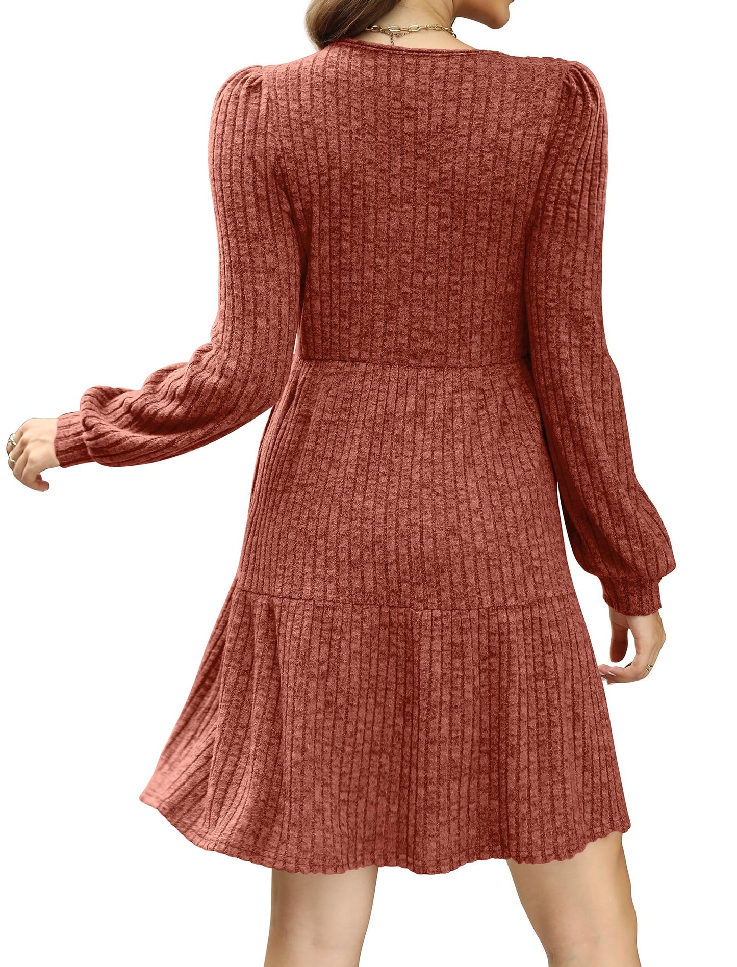 🍂2026 New Style⏰Women's Square Neck Lantern Sleeve Ribbed Dress