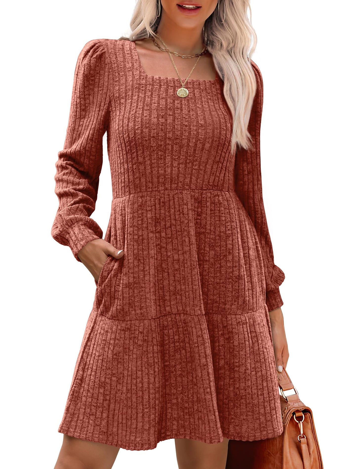 🍂2026 New Style⏰Women's Square Neck Lantern Sleeve Ribbed Dress