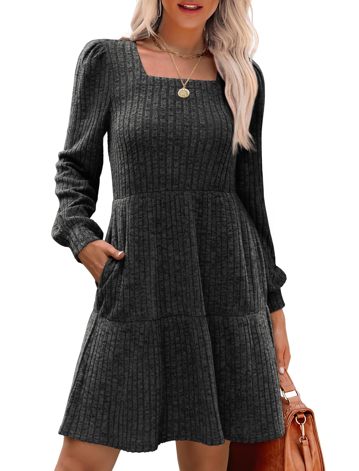 🍂2026 New Style⏰Women's Square Neck Lantern Sleeve Ribbed Dress
