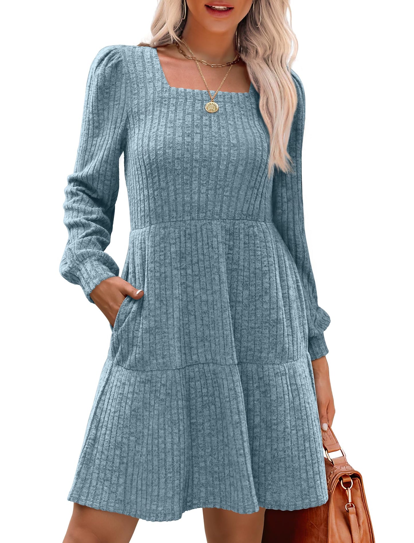 🍂2026 New Style⏰Women's Square Neck Lantern Sleeve Ribbed Dress