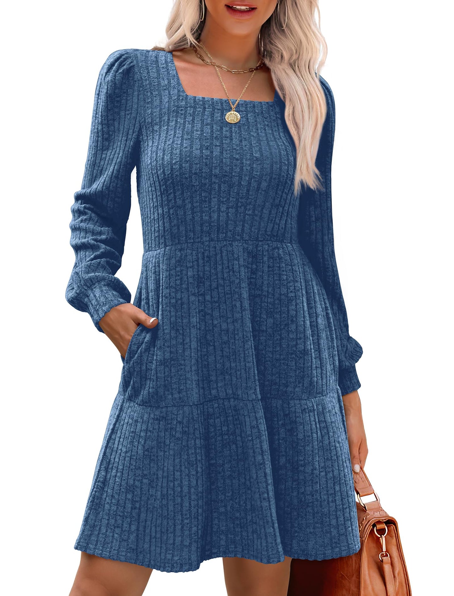 🍂2026 New Style⏰Women's Square Neck Lantern Sleeve Ribbed Dress
